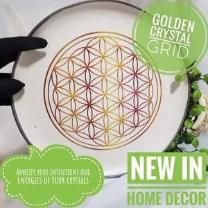 Single Golden Flower of Life Stoneware Crystal Grid Cream and Gold 10.5"